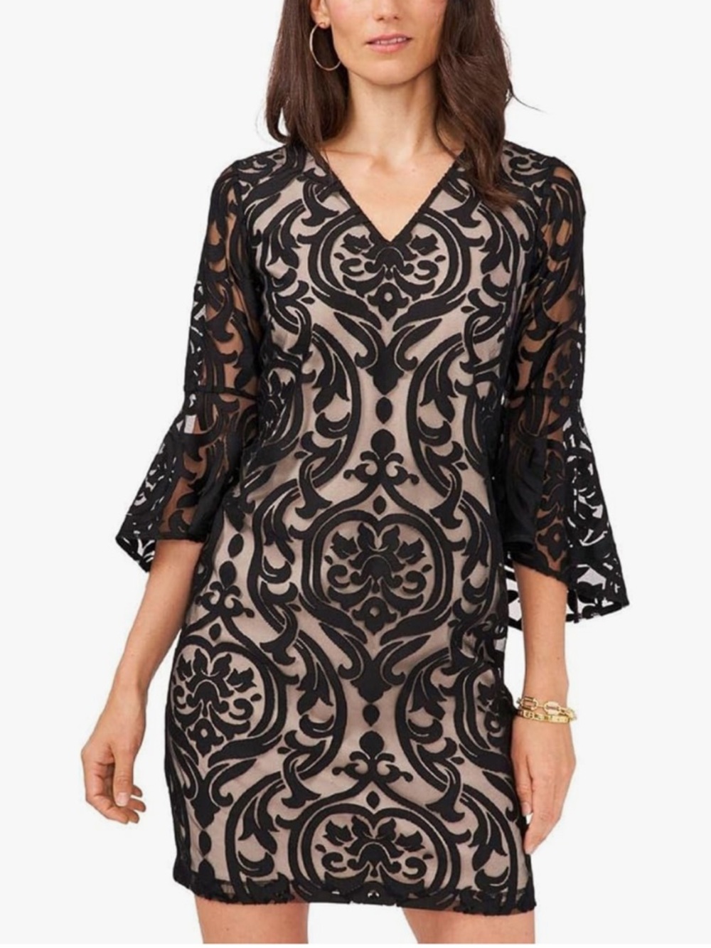NWT MSK Black V-neck Burnout 3/4 Length Bell Sleeve Dress Size 8P